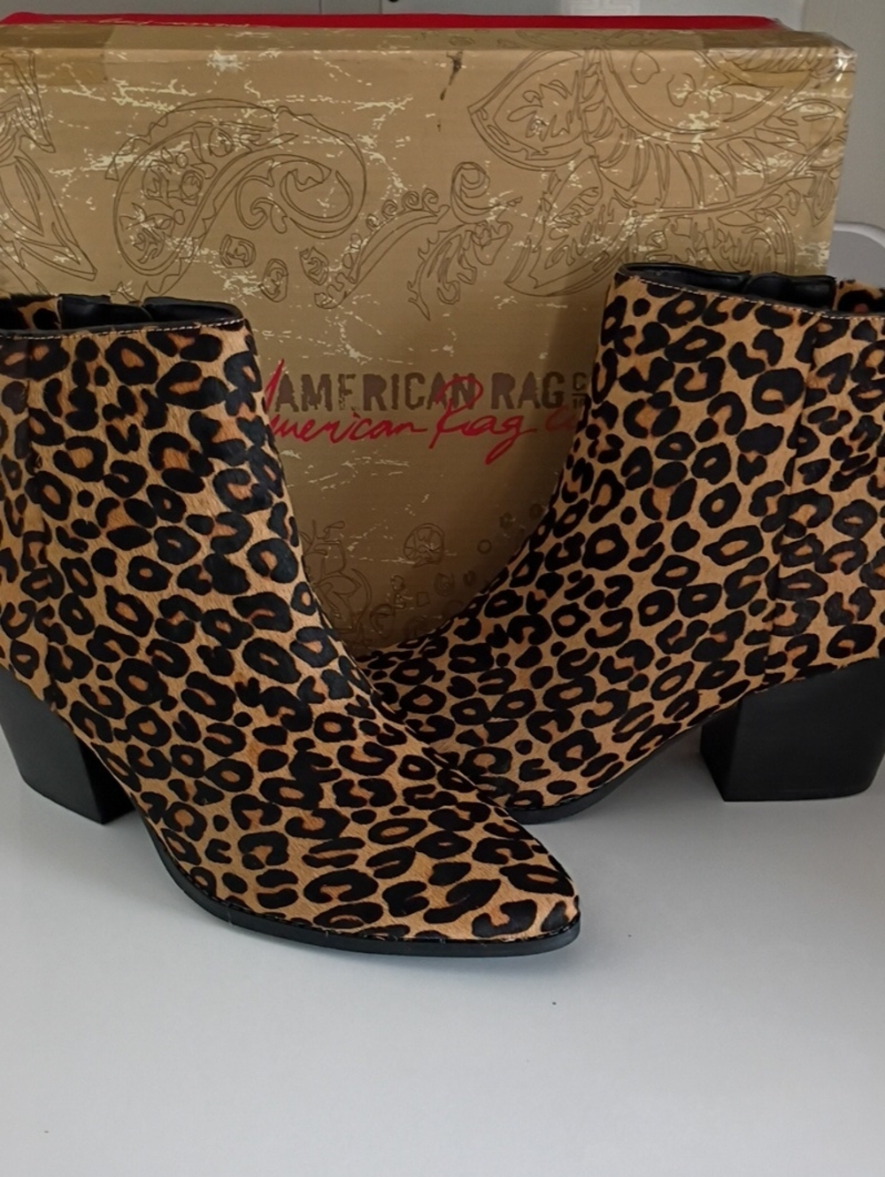 American Rag Leopard Print Ankle Booties in Brown and Black Leather And Calf Fir